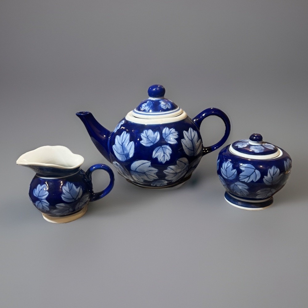 Designpac Teapot Creamer Sugar Bowl Set Cobalt Blue Leaf Print‎ Vintage Ceramic